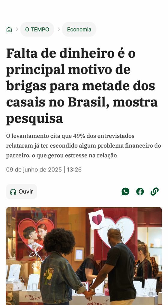 O Tempo: Falta de dinheiro é o principal motivo de brigas para metade dos casais no Brasil